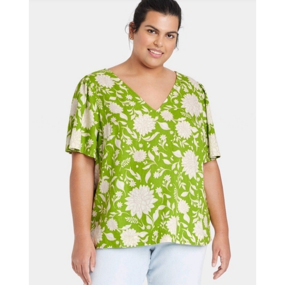 Ava & Viv Short sleeve Linen Floral Blouse Green Size 14W/16W
